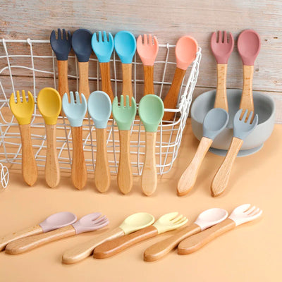 Wooden Handle Silicone Spoon Fork Set - Organibabe