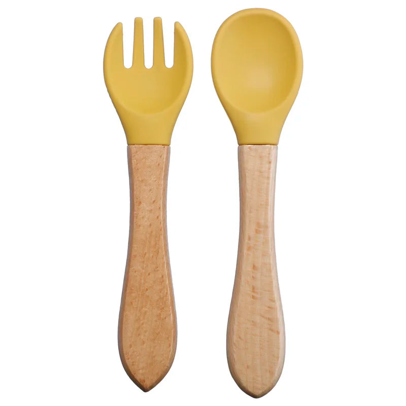 Wooden Handle Silicone Spoon Fork Set