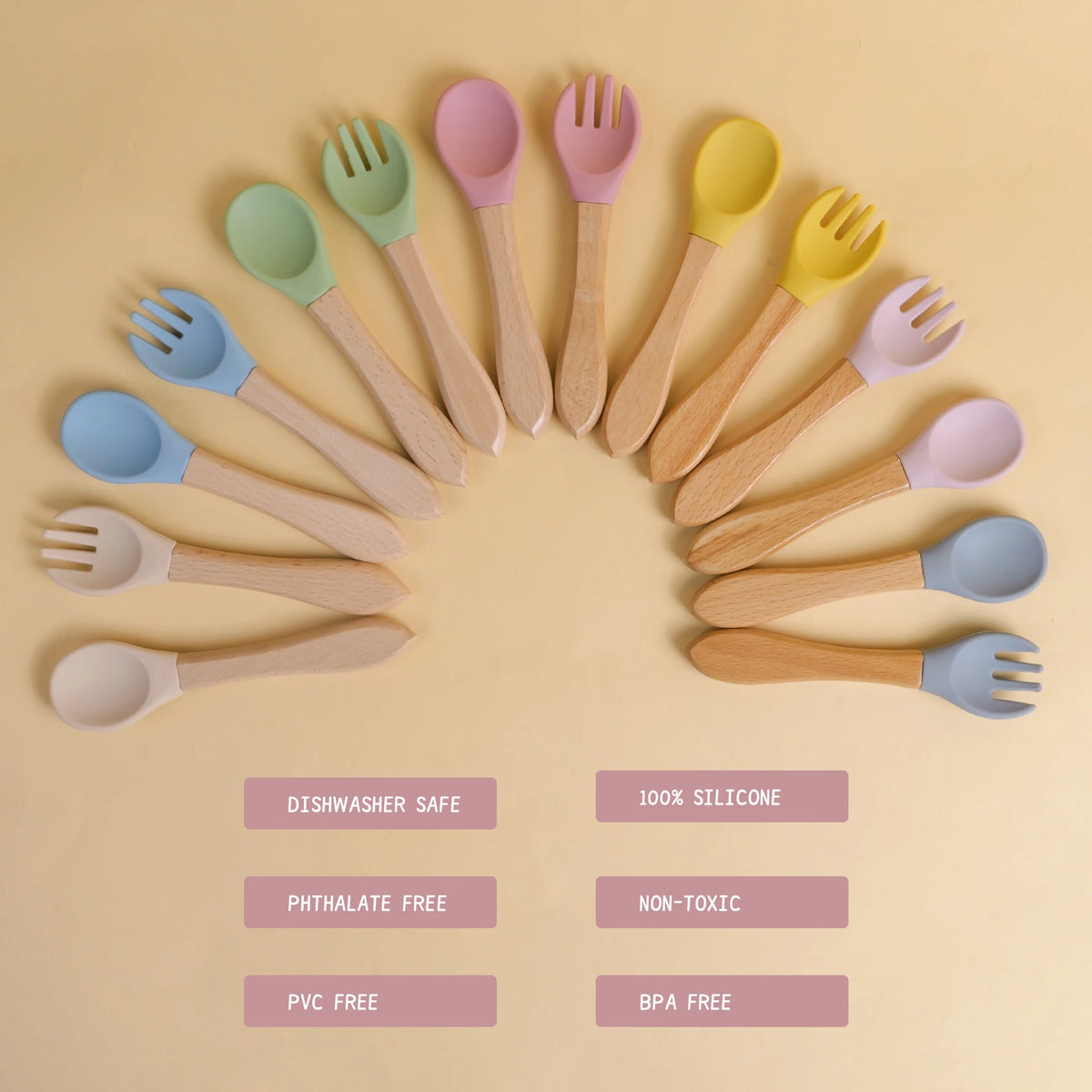 Wooden Handle Silicone Spoon Fork Set