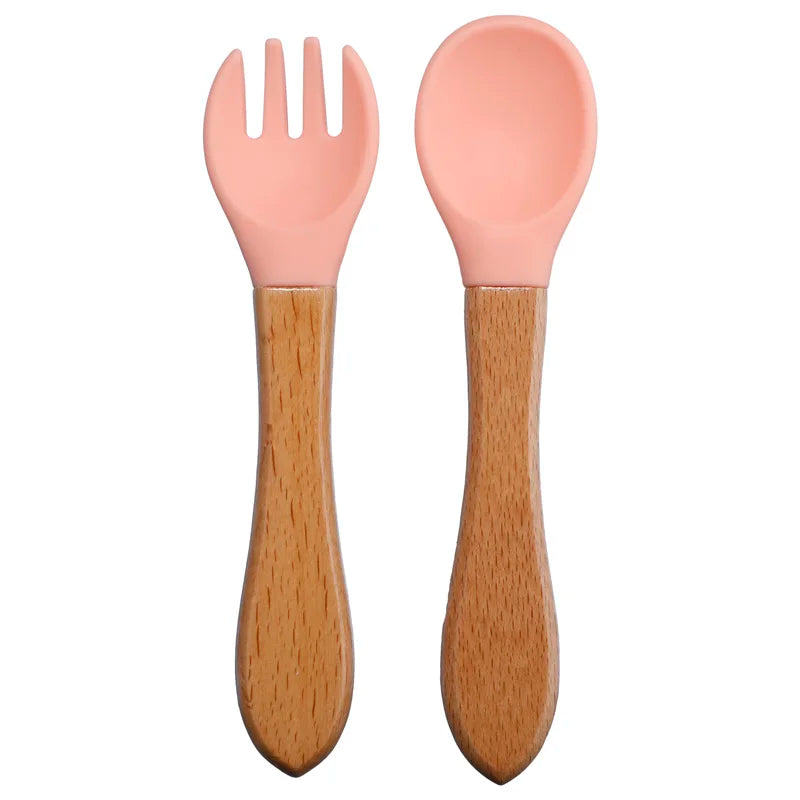 Wooden Handle Silicone Spoon Fork Set