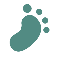 Teal footprint icon with smaller teal circles above it on a white background