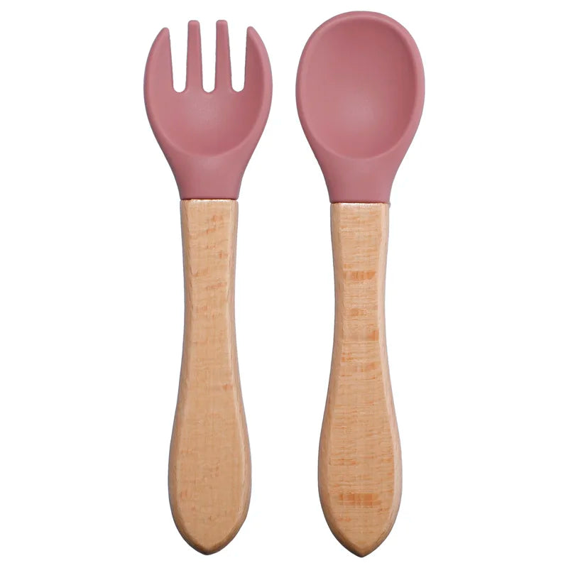 Wooden Handle Silicone Spoon Fork Set