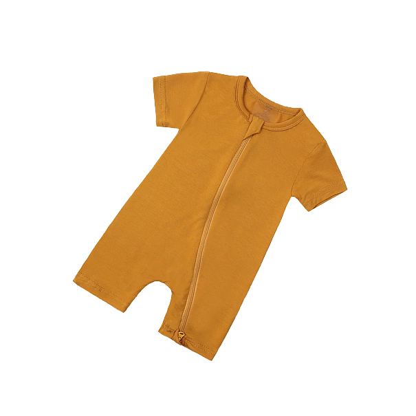 Yellow baby romper with a zipper on a white background