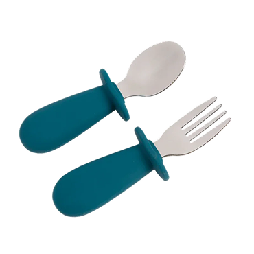 Set of blue-handled fork and spoon on a white background
