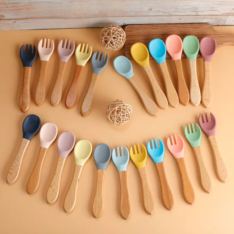 Wooden Handle Silicone Spoon Fork Set