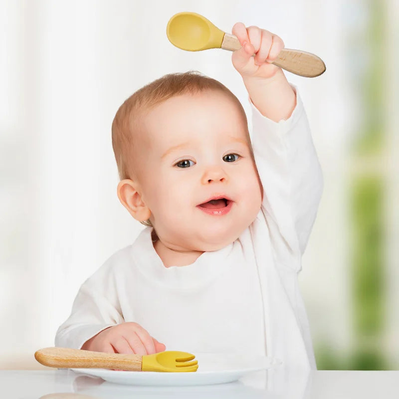 Wooden Handle Silicone Spoon Fork Set