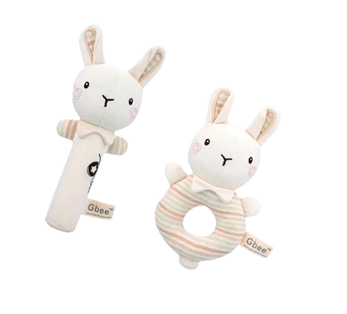 Two plush rabbit toys with a white background