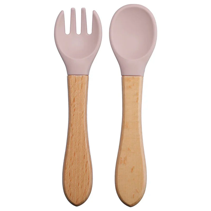 Wooden Handle Silicone Spoon Fork Set