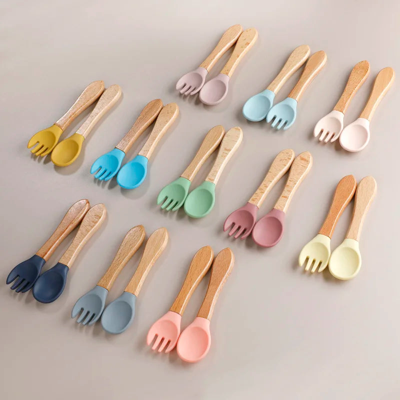 Wooden Handle Silicone Spoon Fork Set