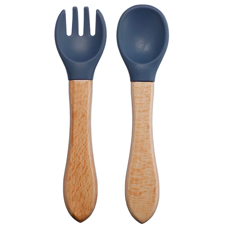 Wooden Handle Silicone Spoon Fork Set