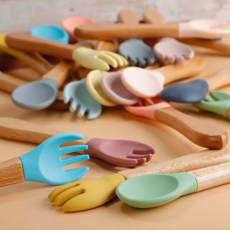 Wooden Handle Silicone Spoon Fork Set