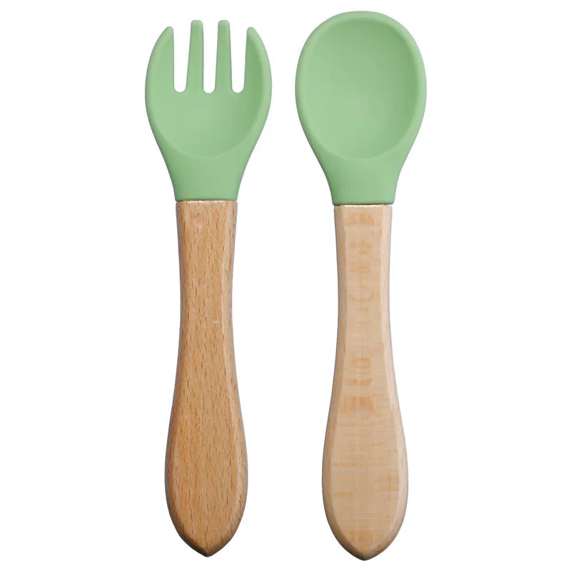 Wooden Handle Silicone Spoon Fork Set